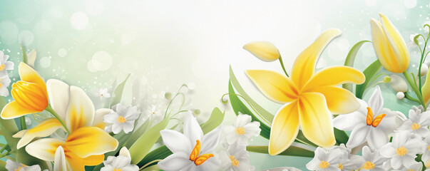 spring background with flowers   Daffodils, aka Narcissus, bloom in yellow against a pristine white backdrop.