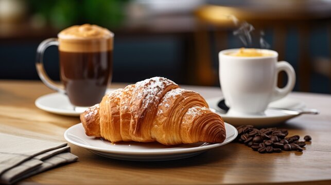  a croissant sitting on a plate next to a cup of coffee and a cup of coffee on a table.