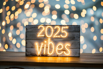 New year 2025 in light box on wooden table with bokeh background