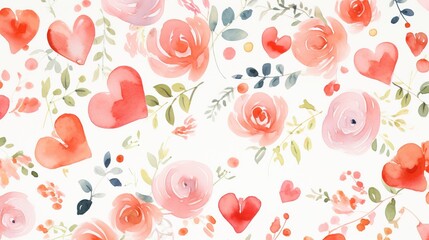 Romantic Watercolor Hearts and Roses Pattern