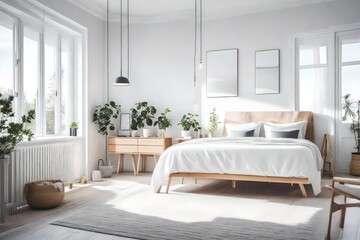 Scandinavian interior design of modern bedroom. Beautiful white view and plants 