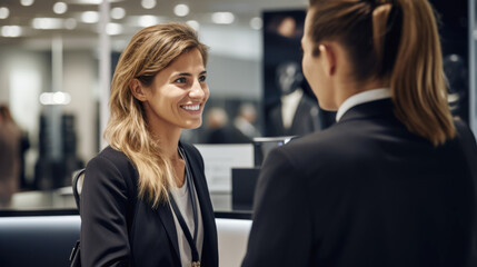 Two young business woman, co-workers standing in the office talking and smiling