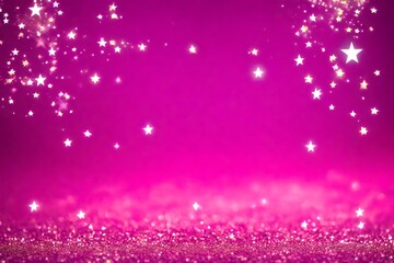 Small shining glitter stars on magenta pink background with bokeh effect white view