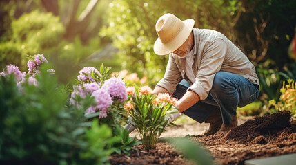 Male gardener planting flowers in the sunny garden - obrazy, fototapety, plakaty
