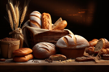 Food concept. Various bread bakery assorted background with copy space - Powered by Adobe