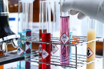 Toxic Symbols of chemicals in test tubes, chemicals in the laboratory