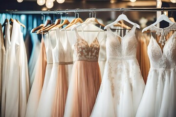 Beautiful elegant luxury bridal dress on hangers. White wedding  hanging on hanger in bridal shop boutique salon - obrazy, fototapety, plakaty