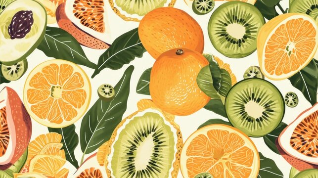  a painting of oranges, kiwis, and kiwis on a white background with green leaves.