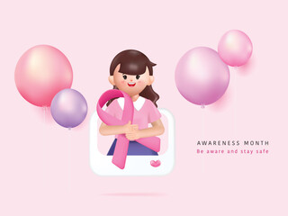 3d woman character holding big pink ribbon on breast cancer awareness month concept. 3d vector rendering.