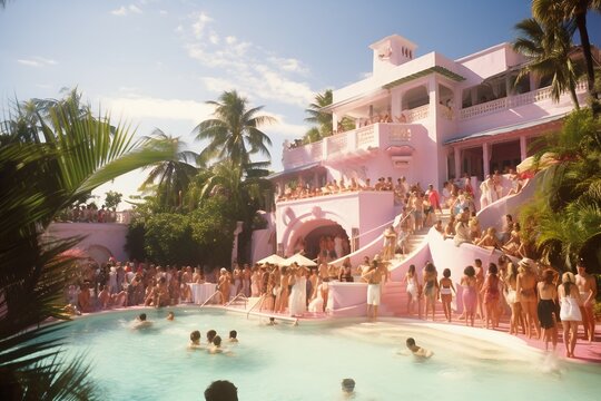 color photo of a vibrant Miami mansion pool party