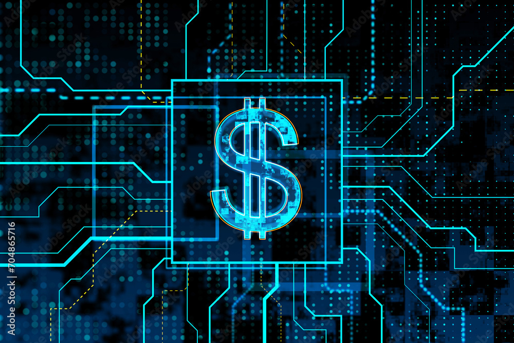 Poster neon blue dollar sign on circuit board background. financial technology and currency concept. 3d ren