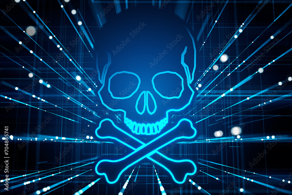 Poster neon blue skull and crossbones hologram on a dark abstract digital background. cybersecurity concept