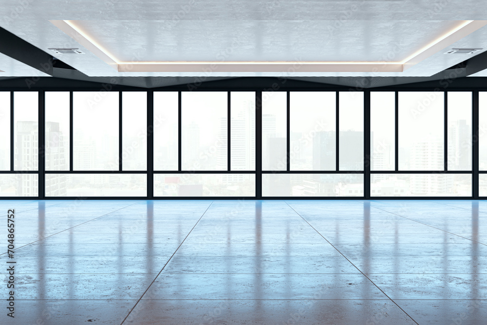 Poster modern empty spacious interior with panoramic windows and city view. 3d rendering.