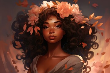 Beautiful smiling black woman with brown leaves on the hair. Beauty and nature. Generative AI