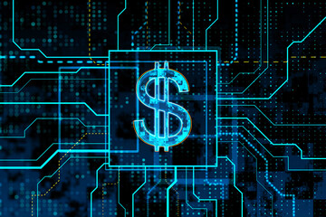 Neon blue dollar sign on circuit board background. Financial technology and currency concept. 3D...