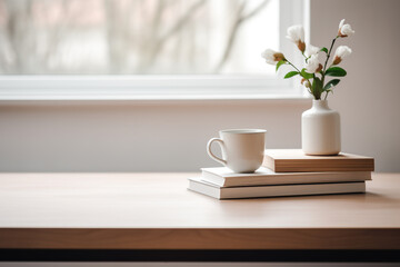 Fototapeta na wymiar Hobbies and leisure concept. Still life background composition of plant, book, cup of tea or coffee places on table in front of the window. Natural sunlight illuminating composition on desk
