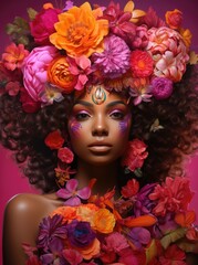 African American women with colorful flower crowns. Generative AI