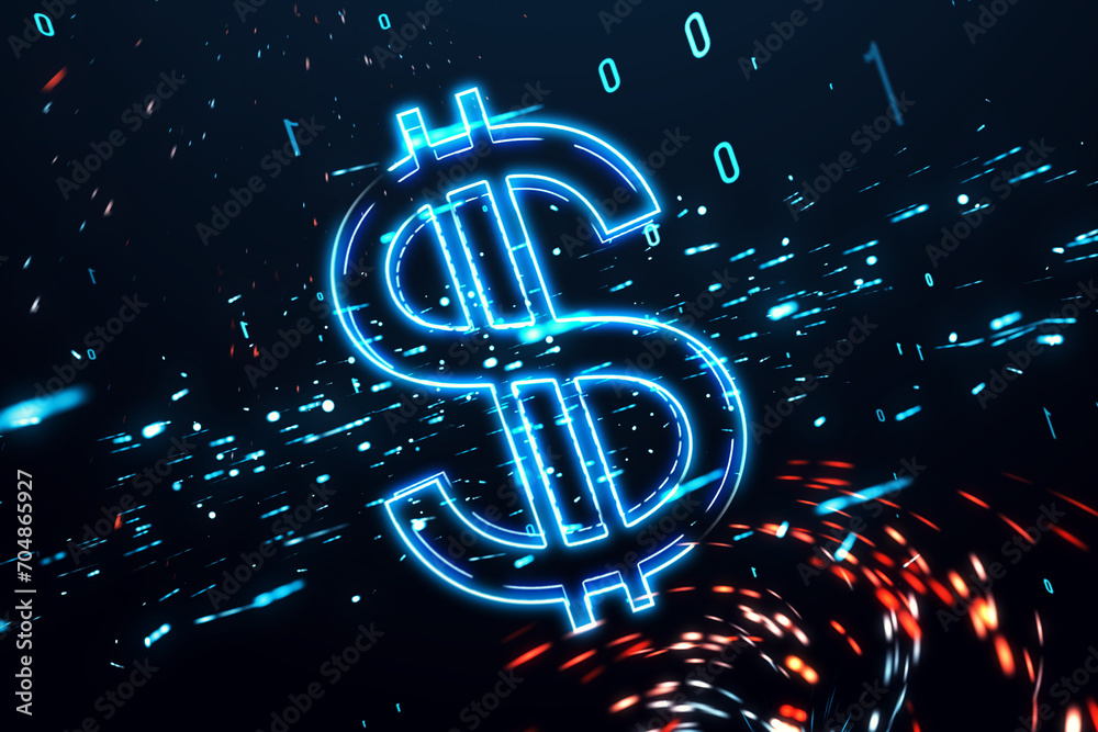 Poster Dollar symbol with neon effects and binary code. Economy and digital currency concept. 3D Rendering
