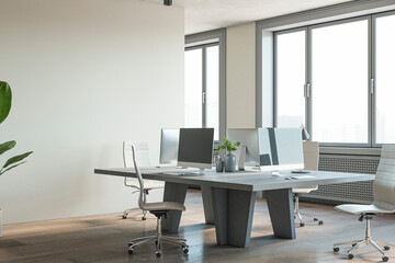 Minimalistic bright office interior with wooden flooring, furniture and daylight, window and city...