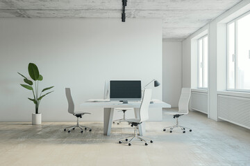 Modern bright office interior with wooden flooring, furniture and daylight, window and city view....