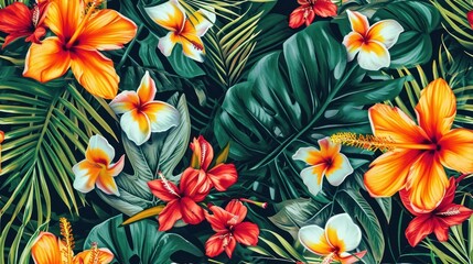 a painting of orange and white flowers on a green leafy background with palm leaves and red and white flowers.