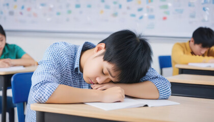 Tired child, student sleeping in school