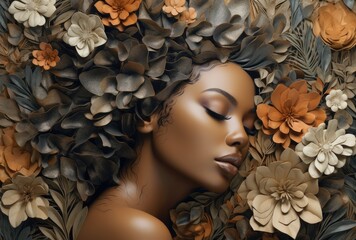 Beautiful smiling black woman with brown leaves on the hair. Beauty and nature. Generative AI