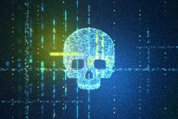 Neon digital skull with a data stream on a binary code backdrop. Cybersecurity awareness concept. 3D Rendering