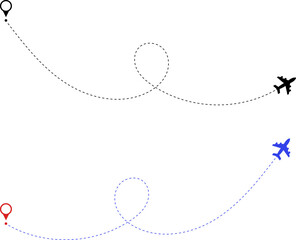 Airplane route. Route icon - two points with dotted path and location pin. Route location icon two pin sign and dotted line. Travel vector icon.