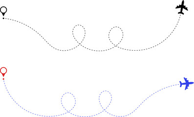 Airplane route. Route icon - two points with dotted path and location pin. Route location icon two pin sign and dotted line. Travel vector icon.