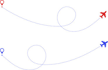 Airplane route. Route icon - two points with dotted path and location pin. Route location icon two pin sign and dotted line. Travel vector icon.