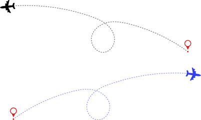 Airplane route. Route icon - two points with dotted path and location pin. Route location icon two pin sign and dotted line. Travel vector icon.