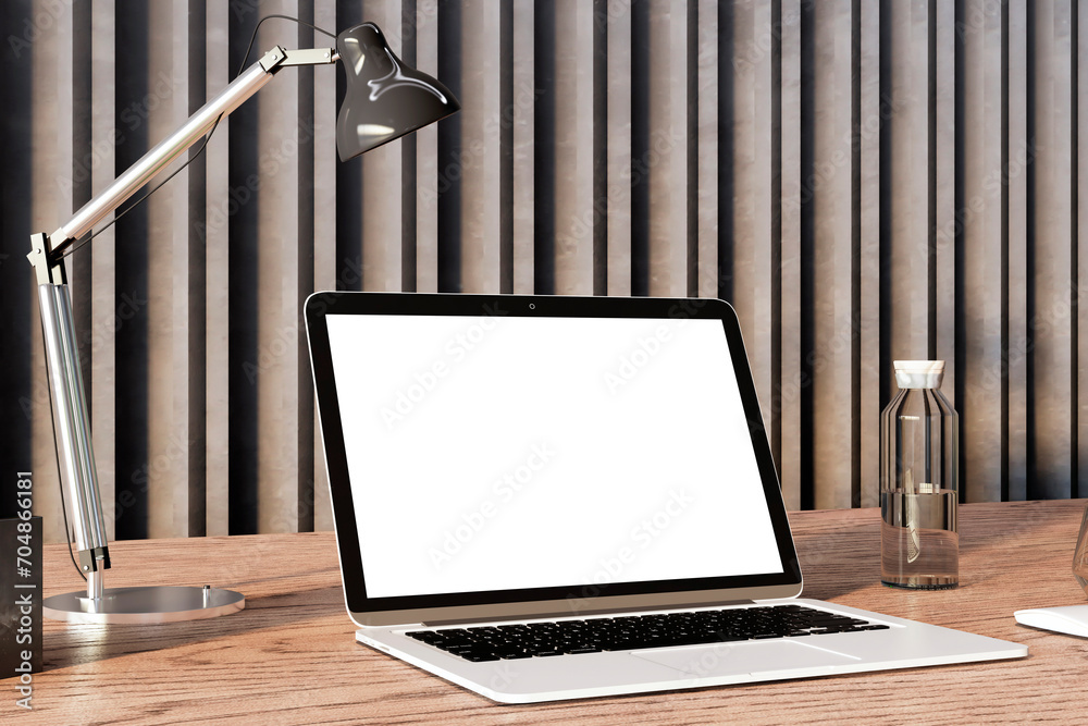 Poster laptop with desk lamp and glass bottle on wooden table against striped backdrop. 3d rendering
