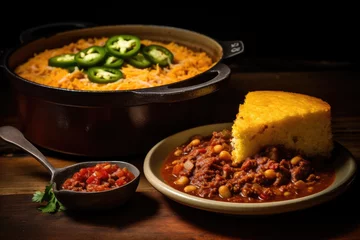 Poster A delicious plate of chili and cornbread accompanied by a pot of hot and flavorful chili, A piping hot pot of chili with a side of cornbread, AI Generated © Iftikhar alam