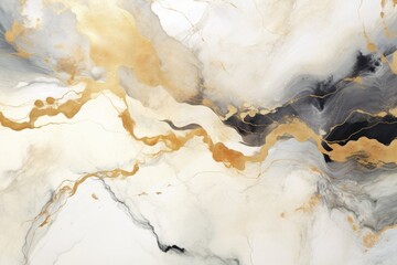 Fluid art texture. Background with abstract mixing paint effect. Liquid acrylic artwork that flows and splashes. Mixed paints for interior poster, banner, backdrop. Gray, gold and white colors