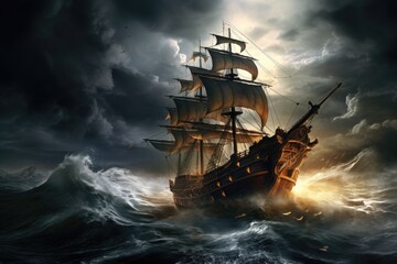 Fototapeta premium A brave pirate ship braves crashing waves in a fierce storm on the open sea, A pirate ship sailing in rough seas with a storm brewing in the background, AI Generated