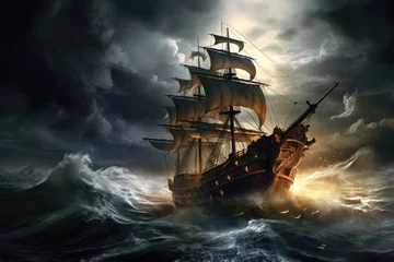 Foto op Canvas A brave pirate ship braves crashing waves in a fierce storm on the open sea, A pirate ship sailing in rough seas with a storm brewing in the background, AI Generated © Iftikhar alam