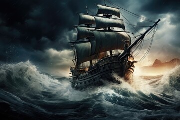 A ship struggles to navigate through turbulent waters during a fierce storm, A pirate ship sailing in rough seas with a storm brewing in the background, AI Generated - obrazy, fototapety, plakaty