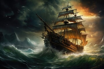 Vibrant painting depicting a pirate ship navigating treacherous waves during a tempestuous storm, A pirate ship sailing in rough seas with a storm brewing in the background, AI Generated