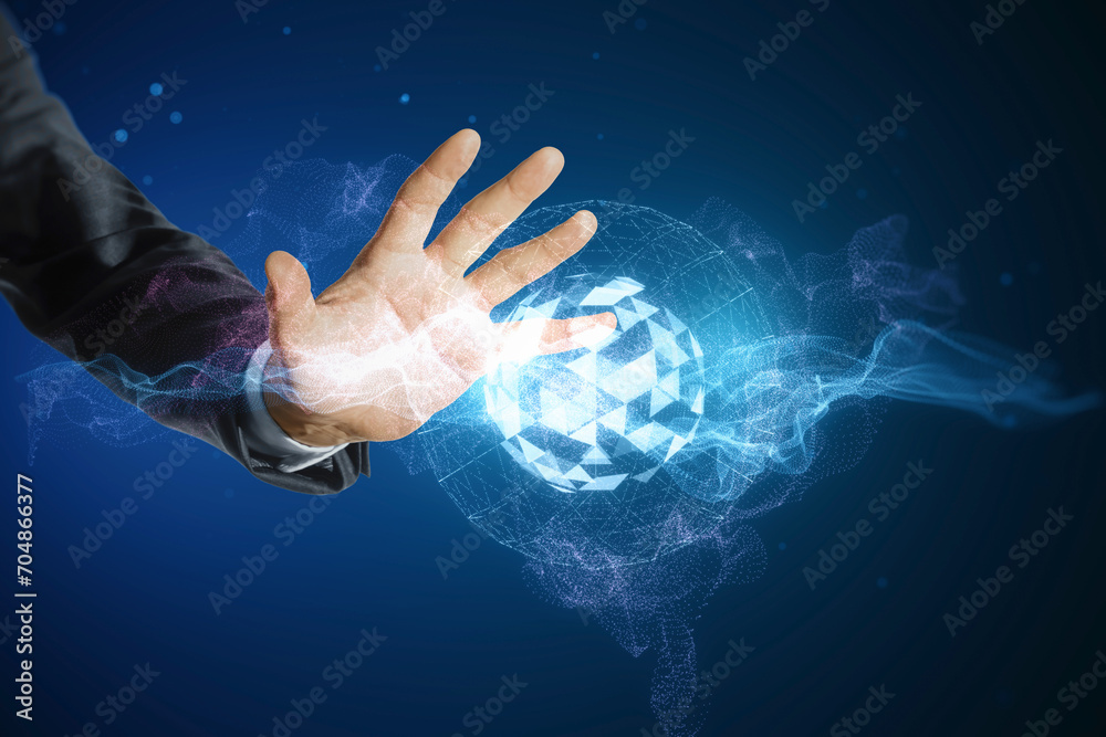 Poster Futuristic digital interaction with a holographic global network by a human hand. Data connectivity and internet concept