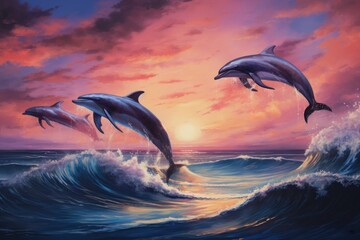 A stunning painting capturing three dolphins as they gracefully leap out of the water, A pod of dolphins joyfully leaping over ocean waves under the twilight sky, AI Generated