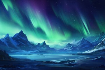 Naklejka premium A stunning painting depicting the night sky adorned with vivid green and purple lights, A polar landscape showing gleaming icy glaciers under the Northern lights, AI Generated