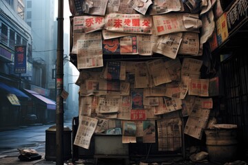 A stack of discarded newspapers sits on the side of a street, contributing to the littered urban scene, A poignant symbolism of newspaper headlines throughout a city, AI Generated - obrazy, fototapety, plakaty