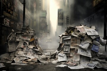 A cluttered pile of newspapers is seen sitting on a street, creating an obstruction, A poignant symbolism of newspaper headlines throughout a city, AI Generated