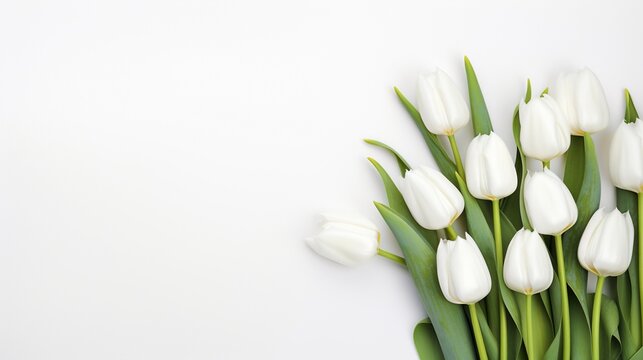 Top view white tulips on isolated white background. Mother's day concept
