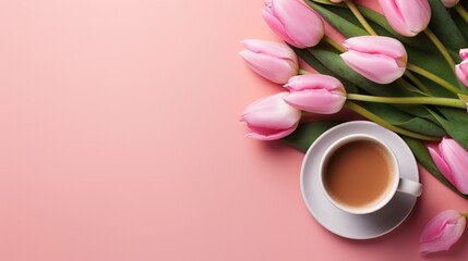 Fototapeta na wymiar Top view cup of coffee with pink tulips