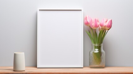 White empty frame and pink tulips in a vase