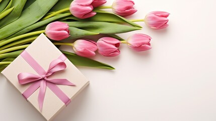 Banner with gift box and spring flowers on isolated white background
