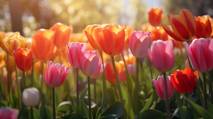 Colorful tulips on blurred spring sunny
