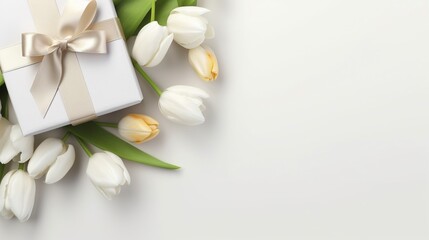 Fototapeta na wymiar Banner with gift box and spring flowers on isolated white background